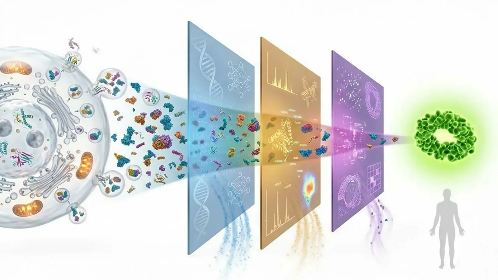 A human stem cell releasing a stream of secreted proteins that pass through three screening panels (computational, cellular and in vivo) toward a single engineered protein and a human figure.